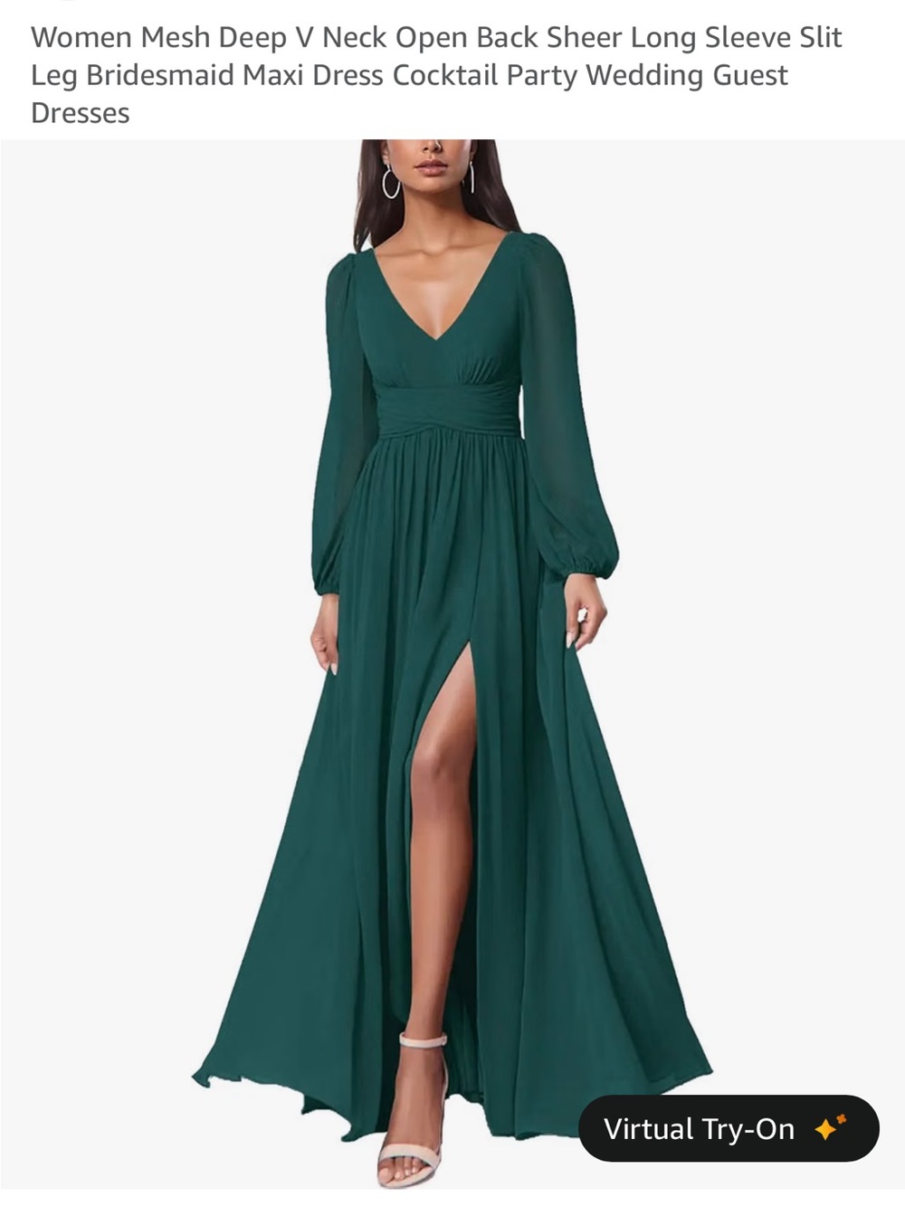 Amazon Women's Teal Mesh Deep V Neck Long Sleeve Maxi Dress with Slit